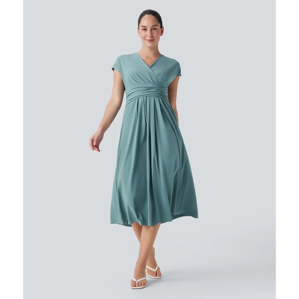 Halara women S Breezeful v-neck short sleeve pocket tie back midi casual dress